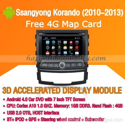 Android Car DVD Player GPS Navigation Wifi 3G for Ssangyong Korando 2010-1013 Bluetooth Touch Screen
